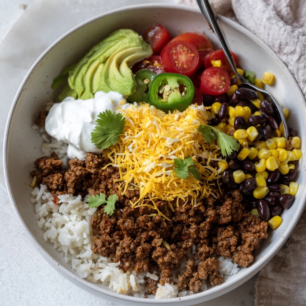 Bol de bœuf épicé sur riz à la coriandre et citron vert, garni d'avocat.