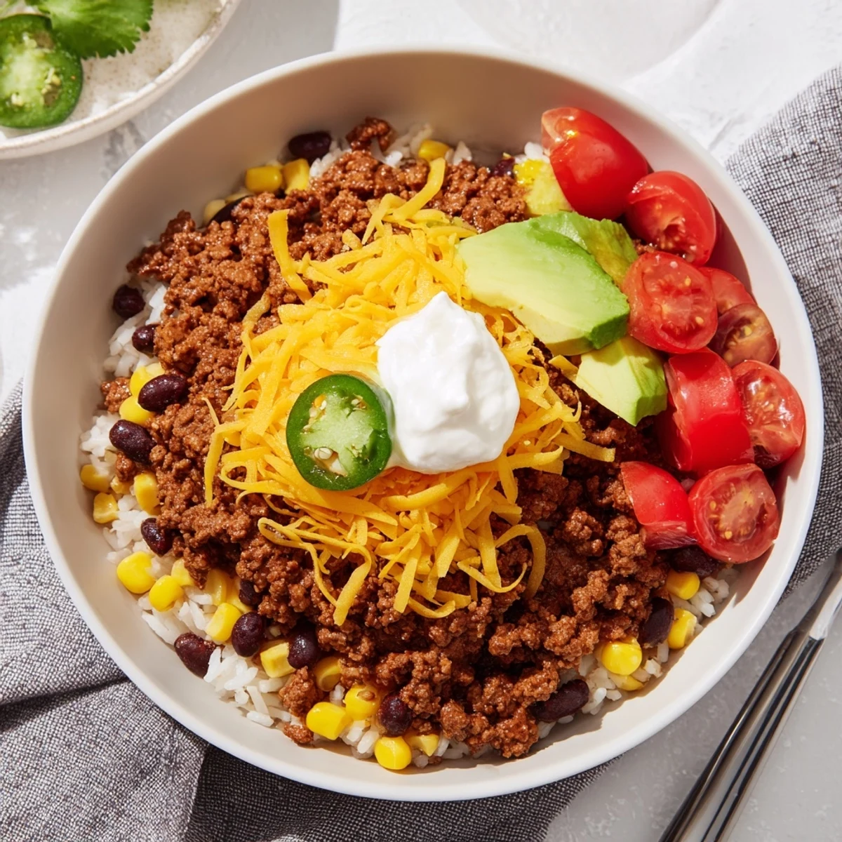 Bol au bœuf haché et riz aux herbes, avec maïs et avocat frais.