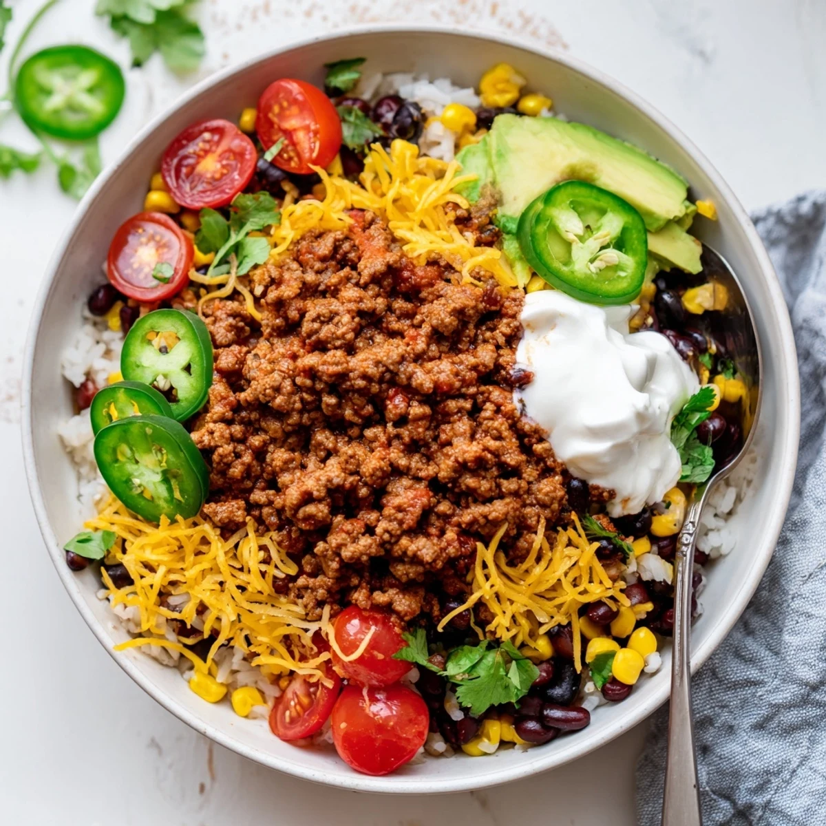 Bol Tex-Mex au bœuf, riz parfumé, haricots noirs et tomates cerises, sur fond blanc.
