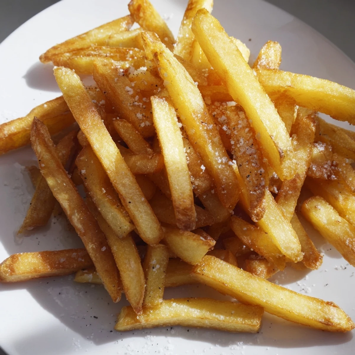Frites au producteur à air parfaitement dorées et croustillantes, saupoudrées de fleur de sel, présentées dans un panier en treillis.