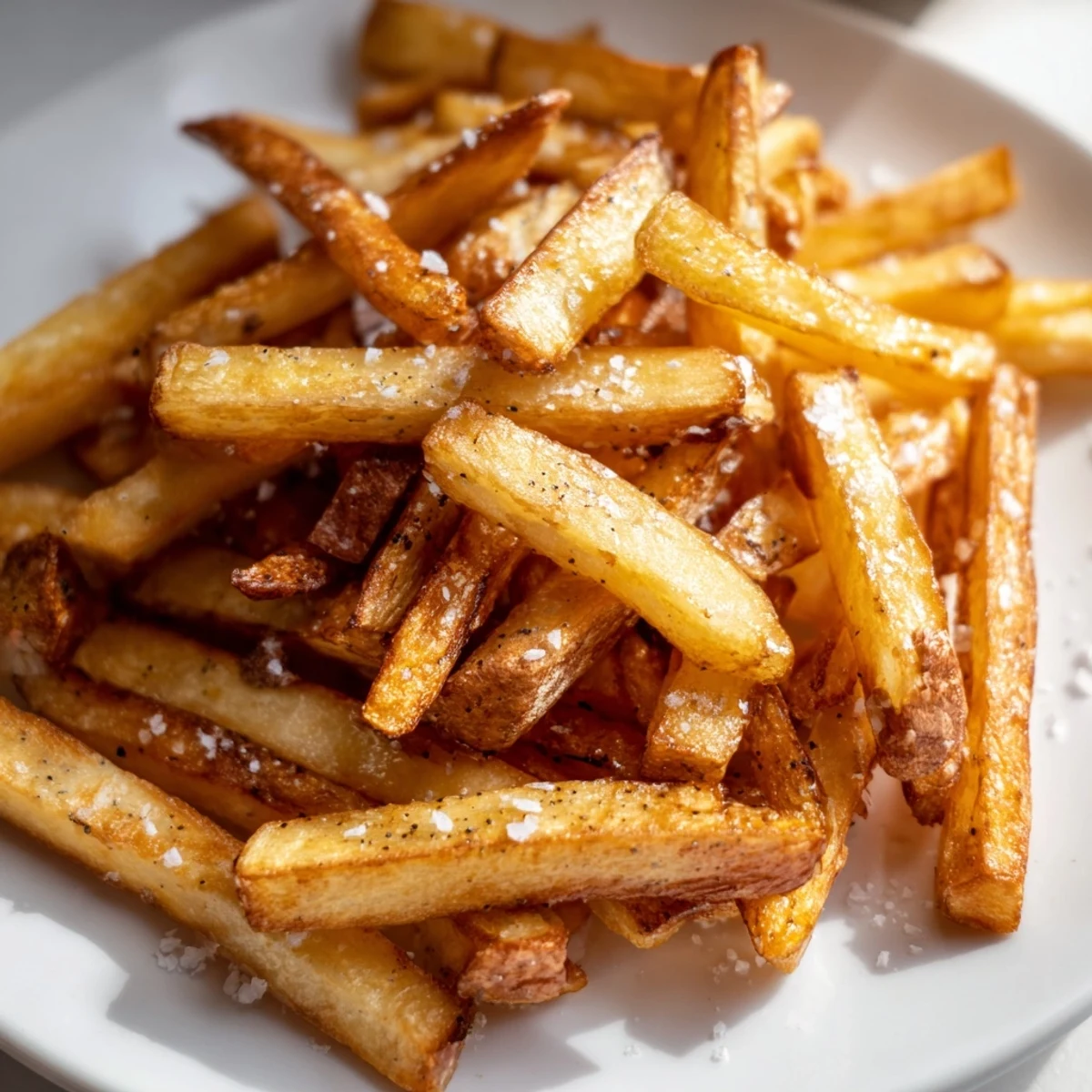 Frites de pommes de terre au producteur à air, léger en huile d'olive et sel de mer, servies en accompagnement ou collation.