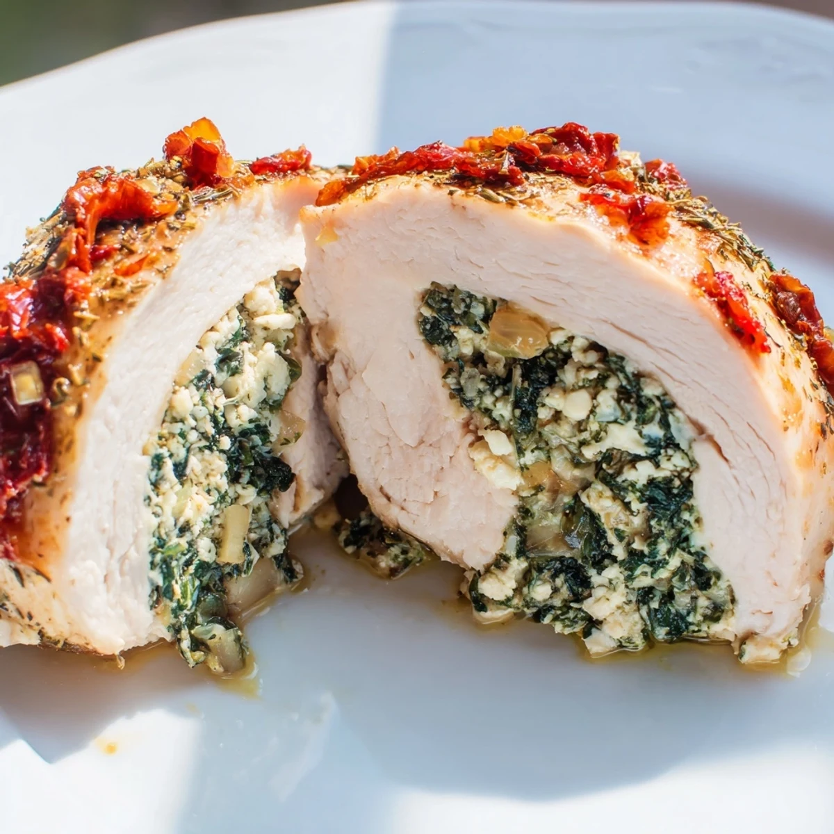 Sizzling Spinach and Feta Stuffed Chicken Breast served alongside roasted asparagus and lemon wedges.