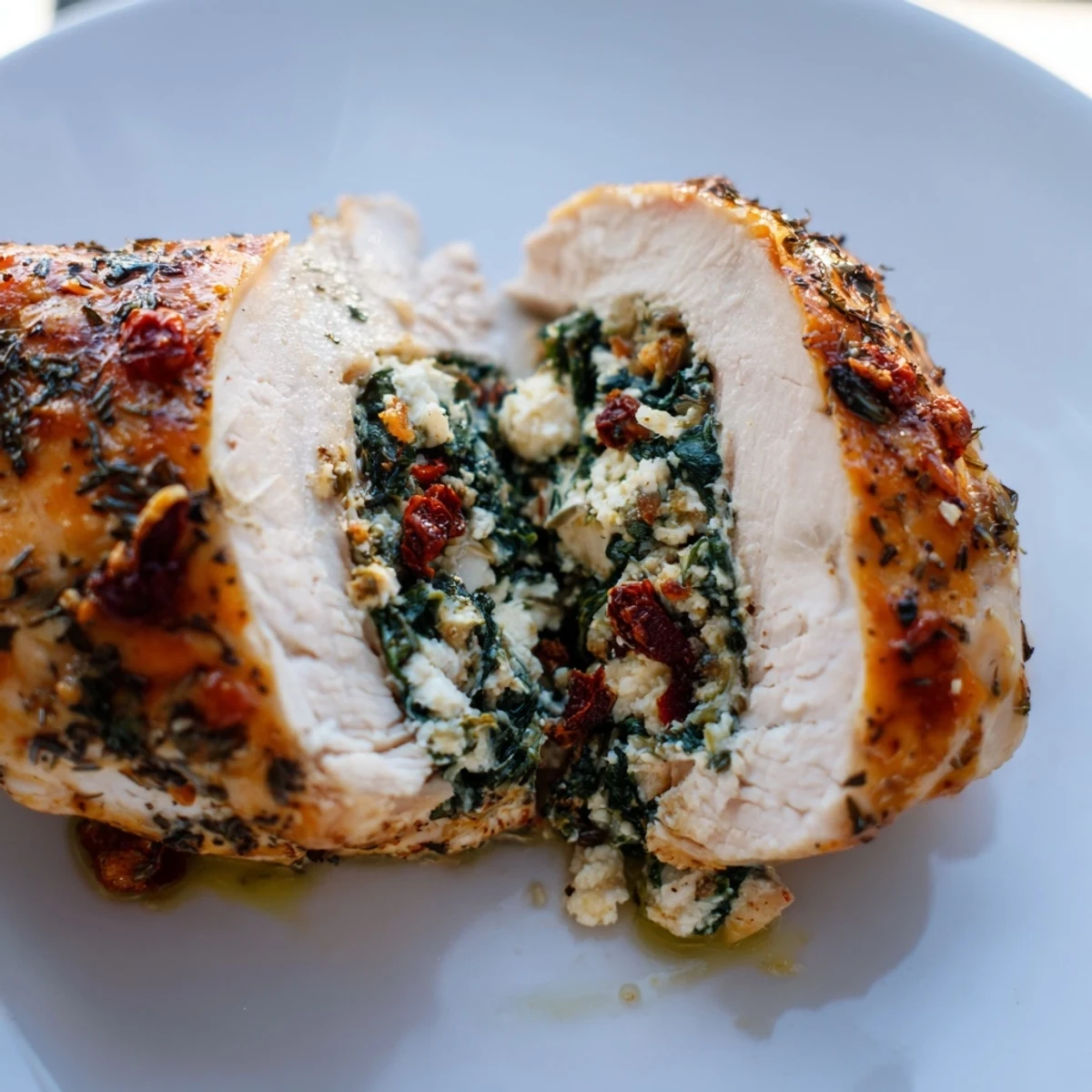 Tender Spinach and Feta Stuffed Chicken Breast resting on a white plate, garnished with fresh herbs.
