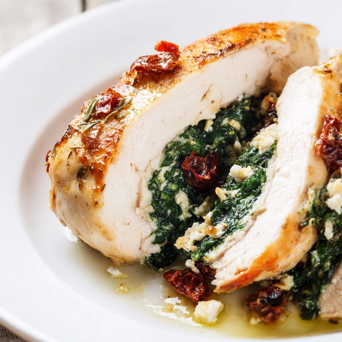 A golden-baked Spinach and Feta Stuffed Chicken Breast sliced open to reveal vibrant green filling.