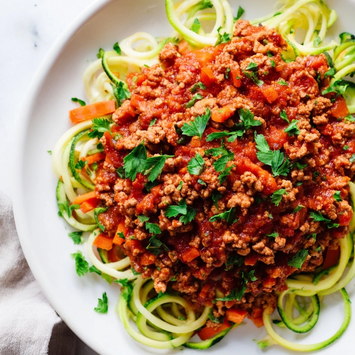 Sauce à la dinde Bolognese sur un plat de nouilles de courgette légère et savoureuse.