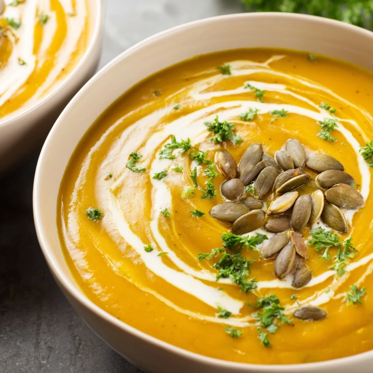 Soupe veloutée à la citrouille avec une texture lisse et des graines de citrouille croquantes en garniture, prête à être dégustée.