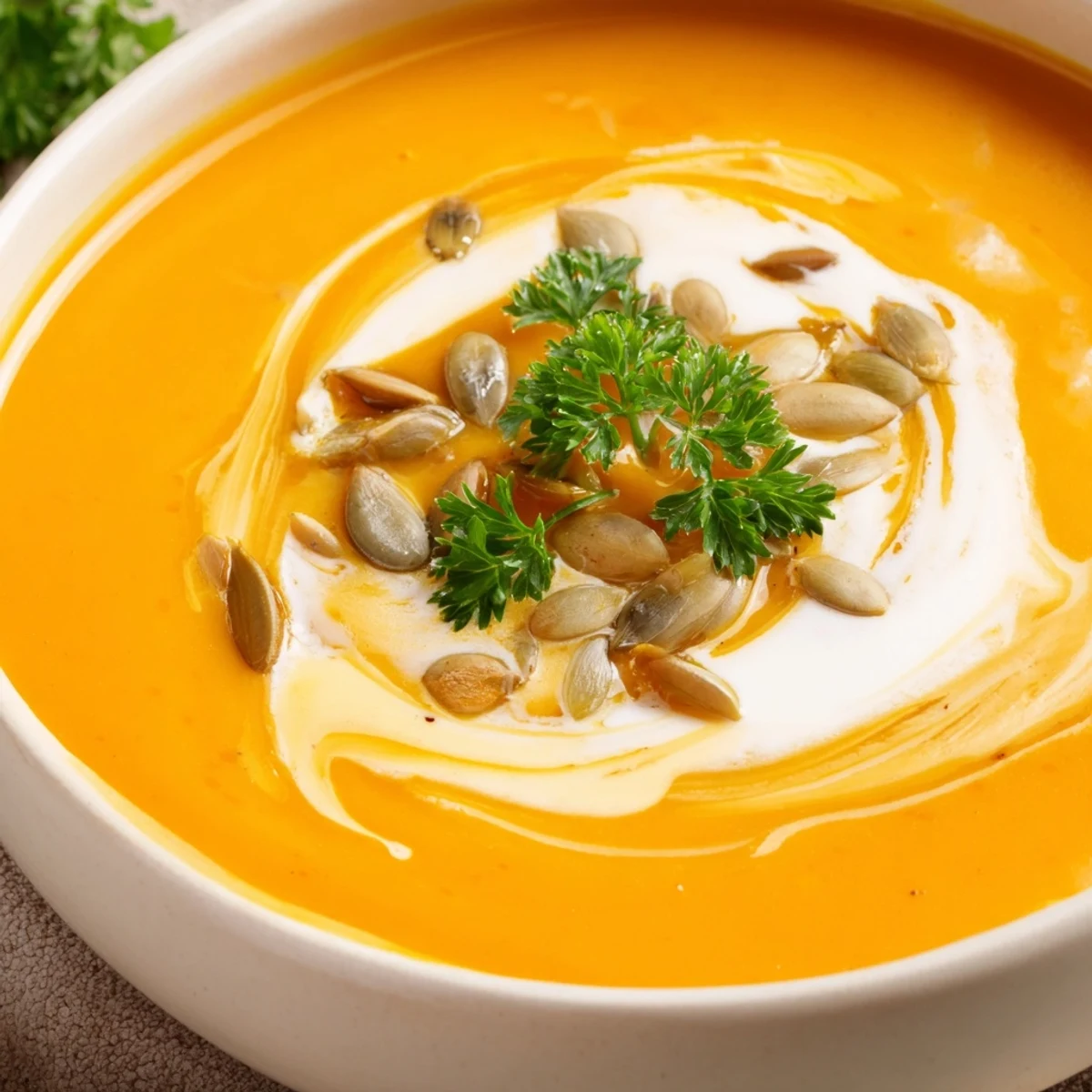 Un bol de soupe crémeuse à la citrouille, garni de graines de citrouille grillées et d'un filet d'huile d'olive.