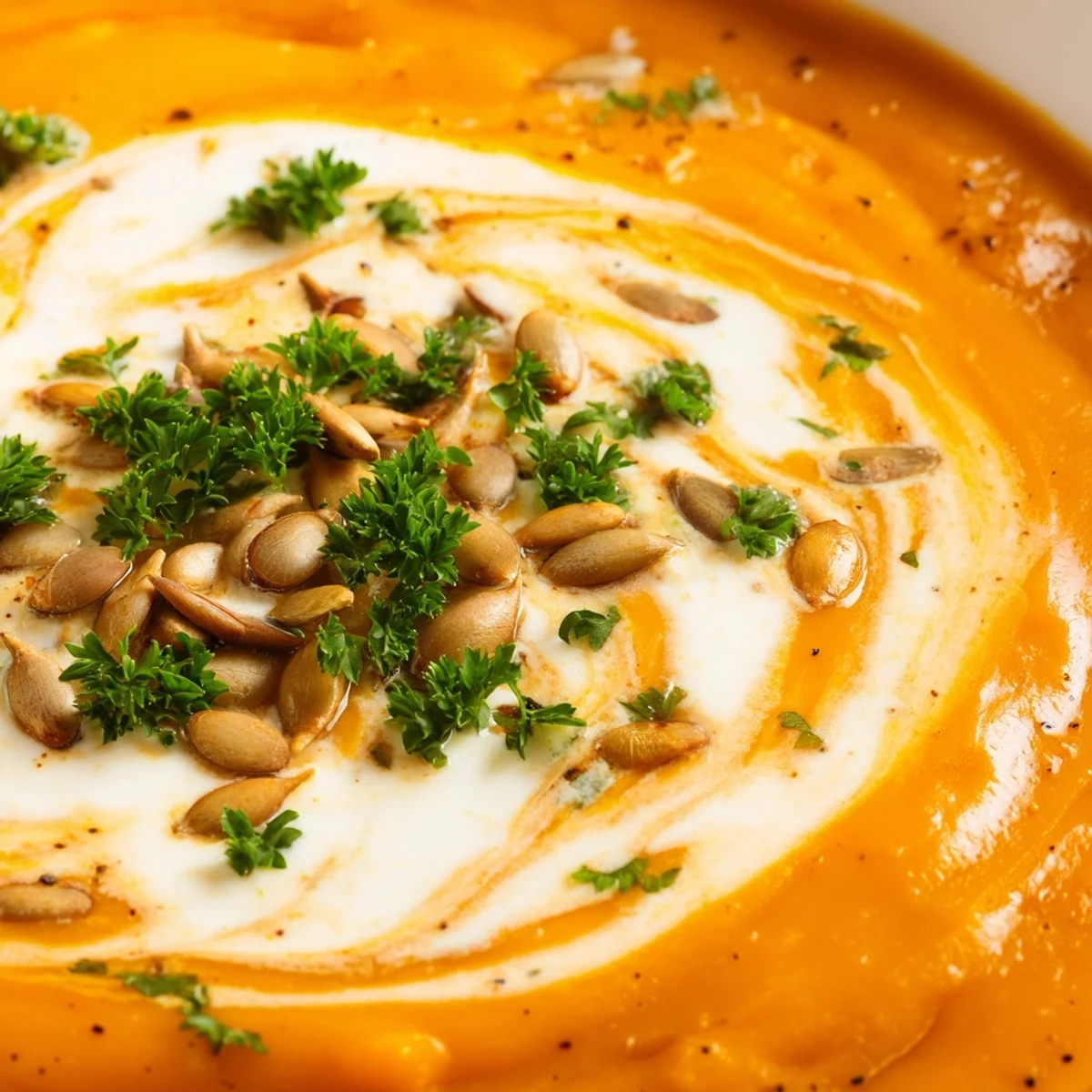 Soupe de citrouille crémeuse servie tiède, agrémentée de graines de citrouille et de persil frais pour une touche de couleur.