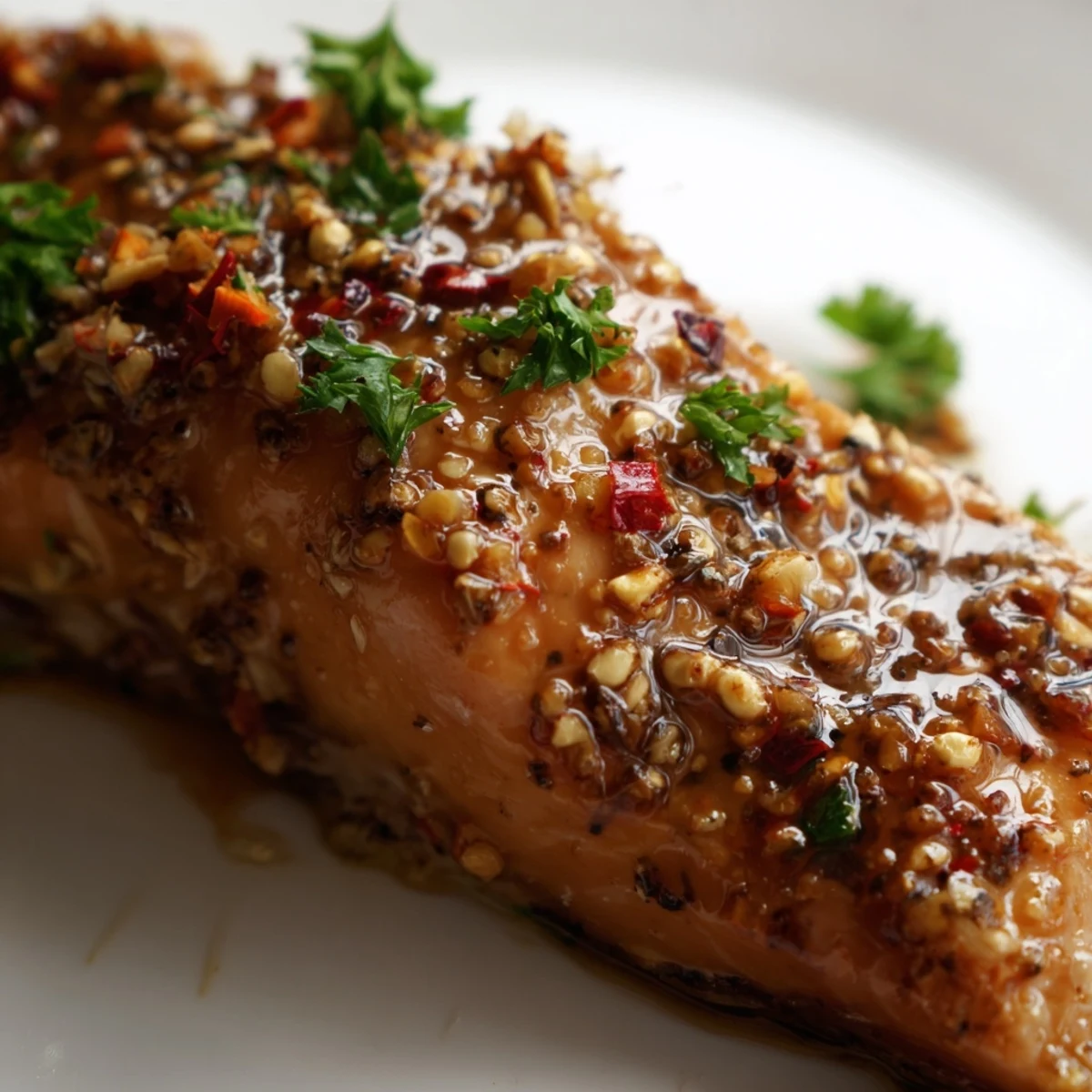 Gros filet de saumon doré au four, nappé d’un glaçage à l’ail et au miel argenté.