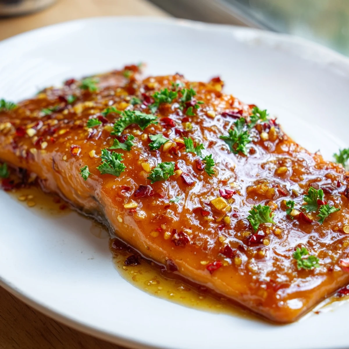 Assiette de saumon au miel et à l’ail, garnie de persil frais et de quartiers de citron.