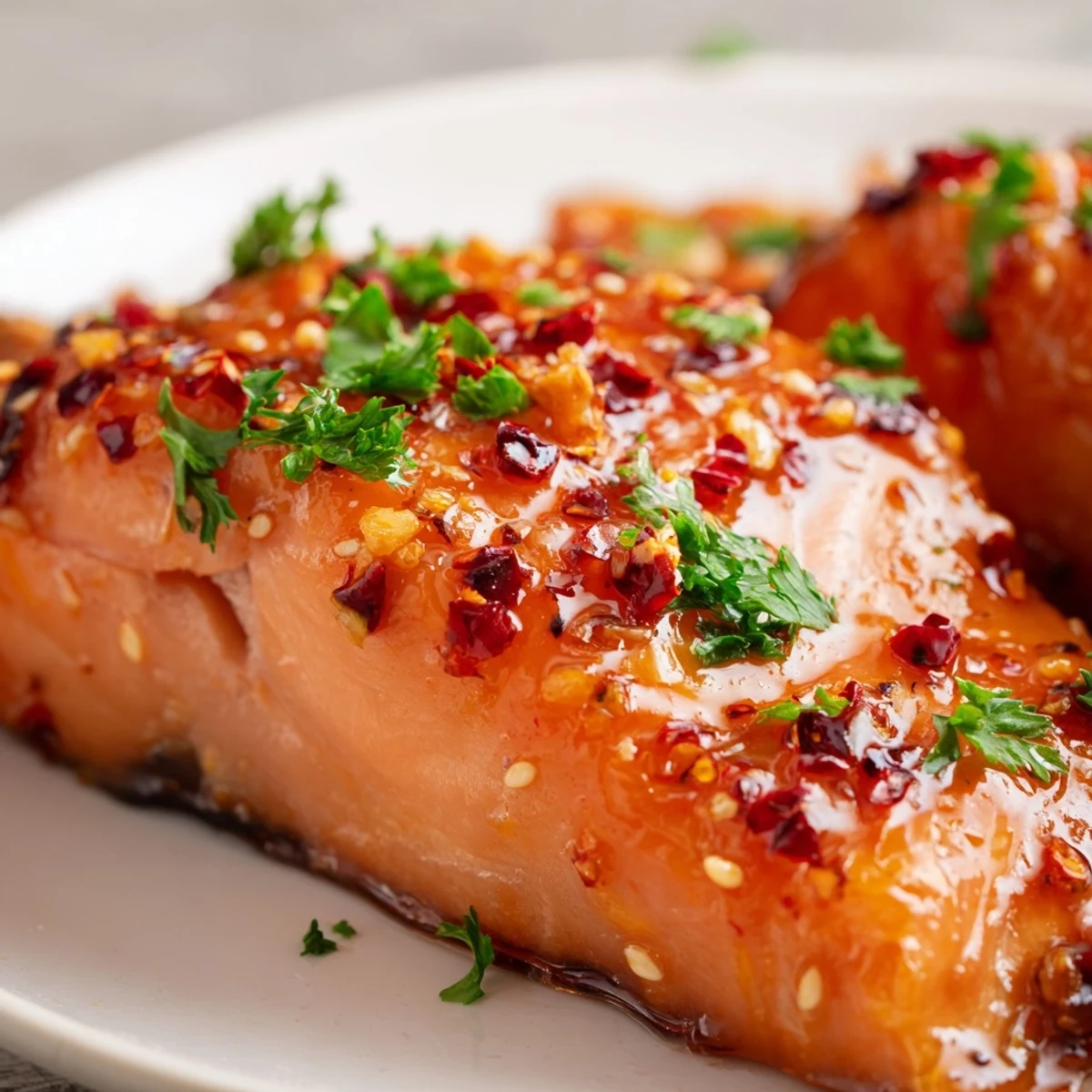 Saumon cuit au four, tendre et brillant, avec des reflets de glaçage sucré et épicé.