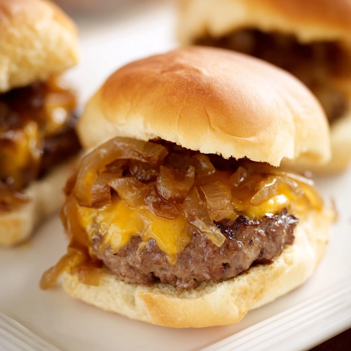 De délicieux Beef Sliders avec oignons caramélisés et fromage fondu sur des petits pains moelleux.