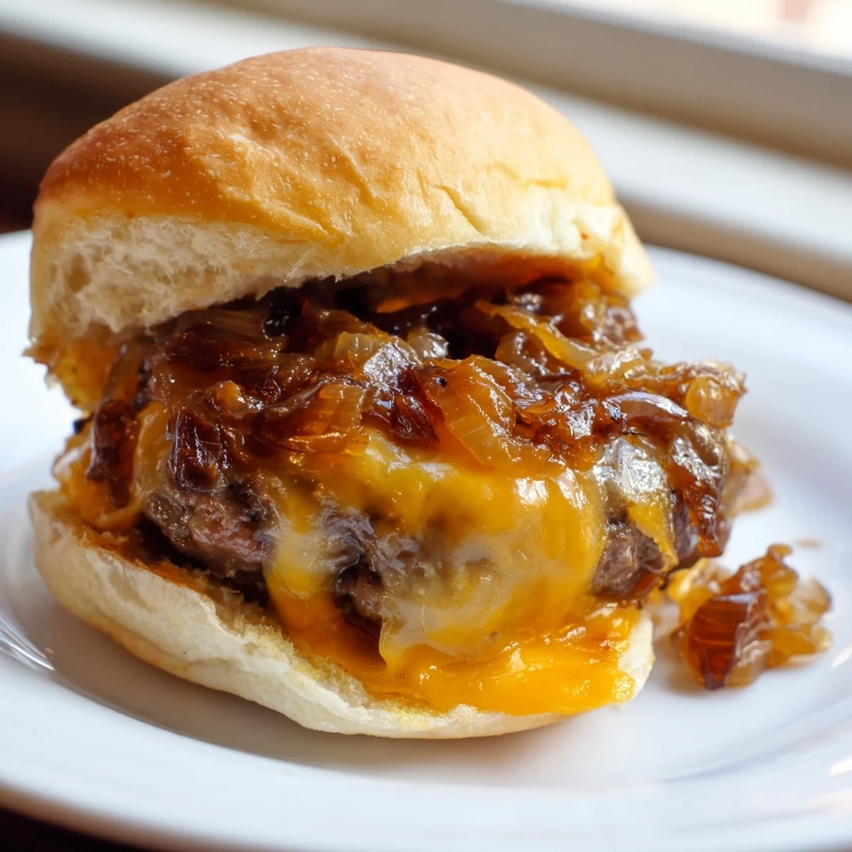Des mini-burgers au bœuf juteux, garnis d'oignons caramélisés sucrés et d'un chapeau de fromage.