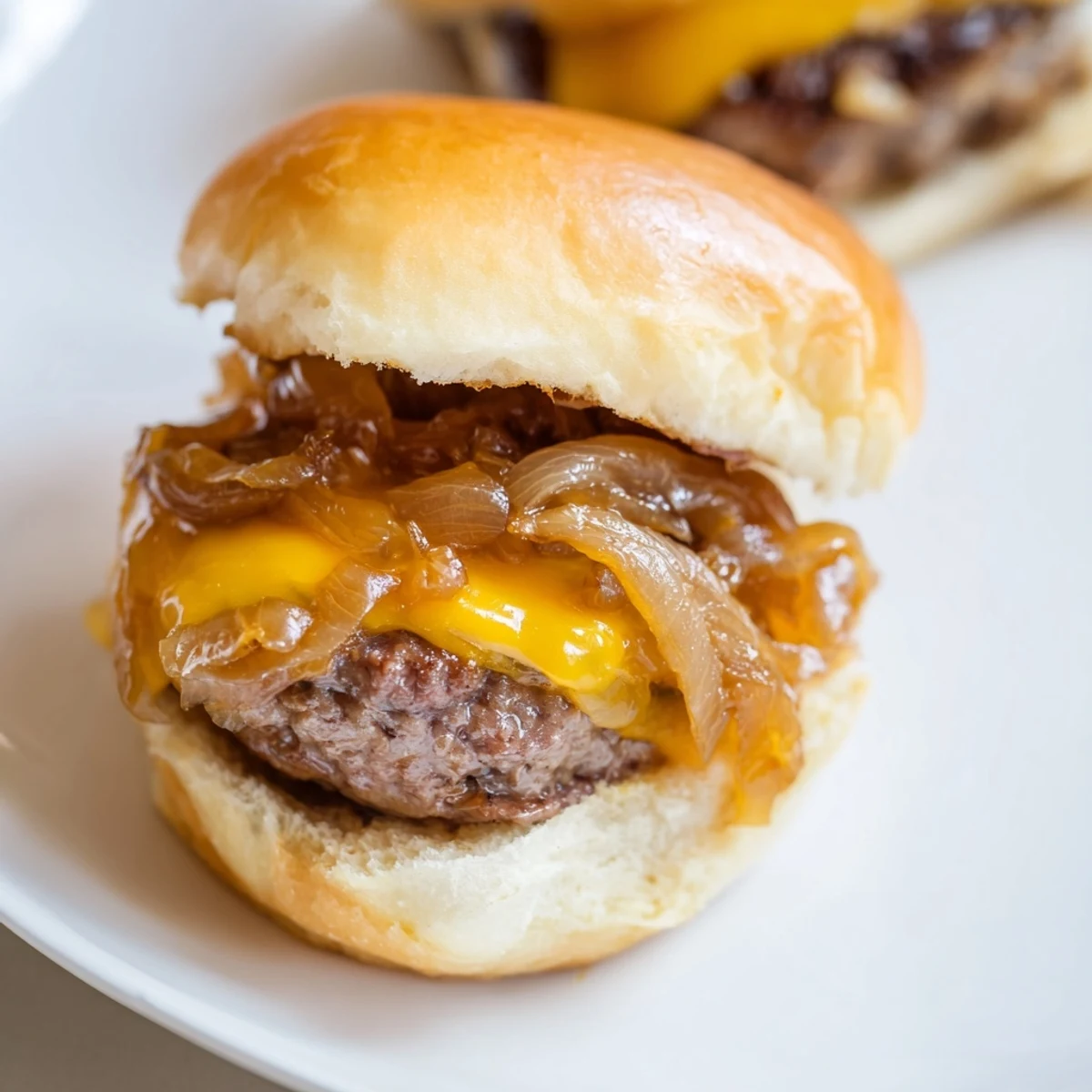 Des sliders garnis de fromage fondu et d'oignons dorés, parfaits pour un apéritif convivial.