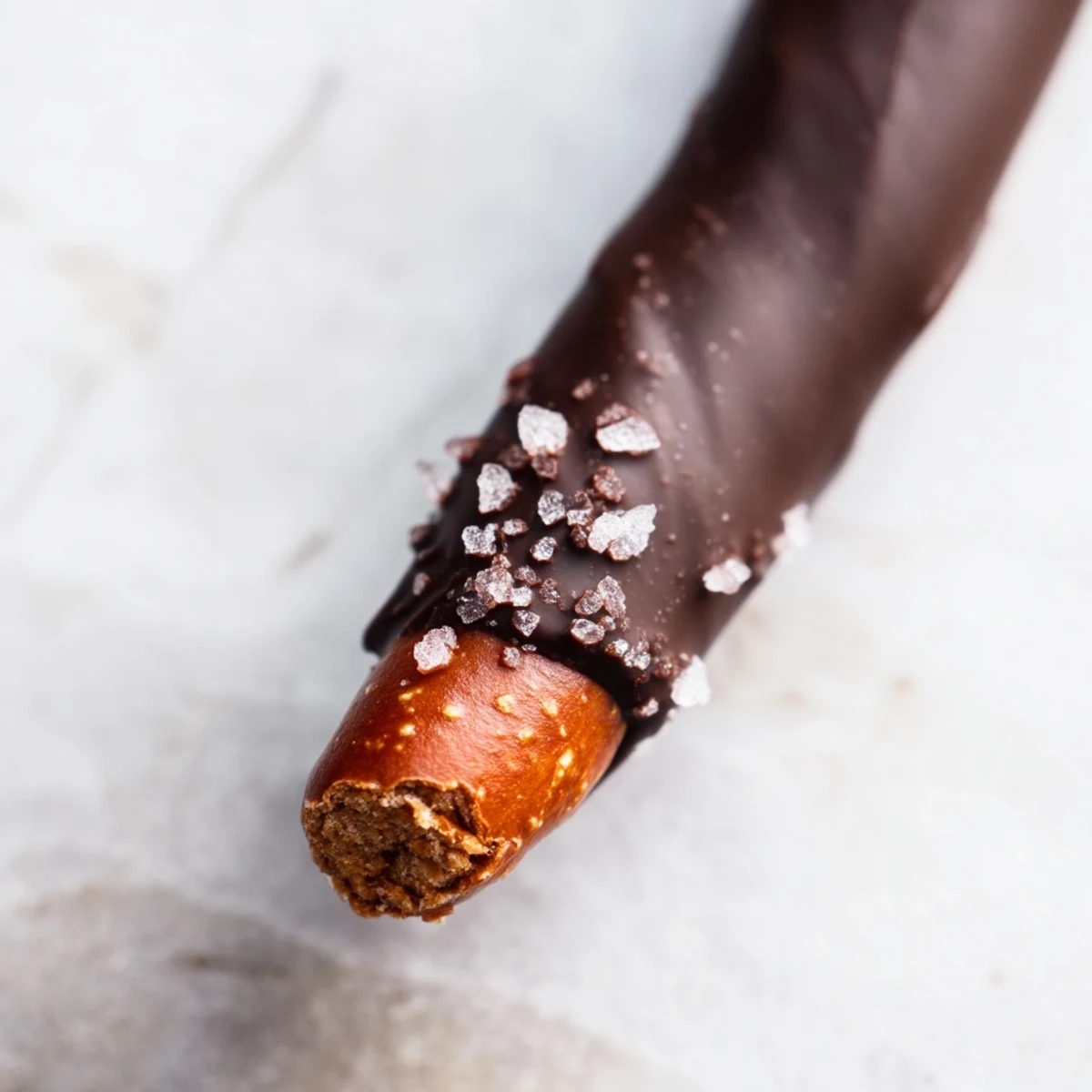 Bâtonnets de bretzel croustillants trempés dans du chocolat noir et saupoudrés de fleur de sel sur un fond de planche en bois.