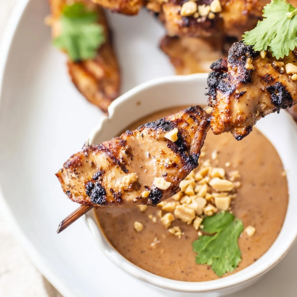 Poulet satay tendre sur brochette, nappé de sauce cacahuète onctueuse et accompagné de citron vert.