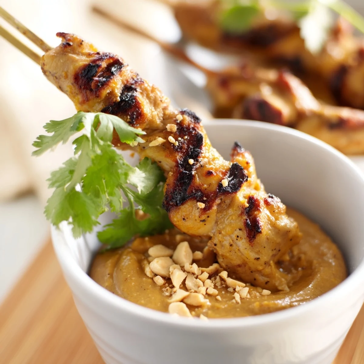 Brochettes de poulet satay fumées, garnies de sauce peanut crémeuse, prêtes à être dégustées.