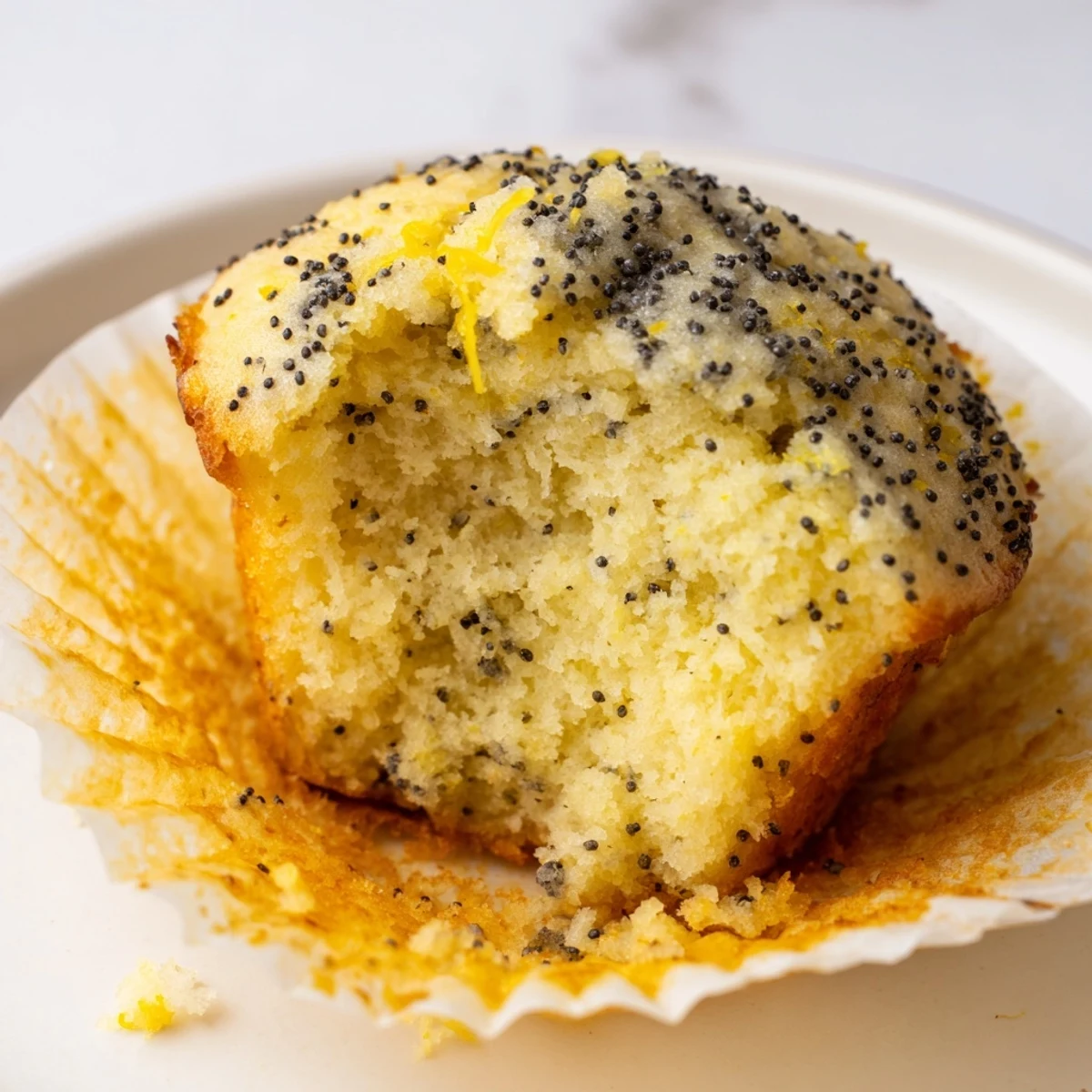 Golden brown Lemon Poppy Seed Muffins with yogurt, cracked on top and revealing a soft, pale crumb.