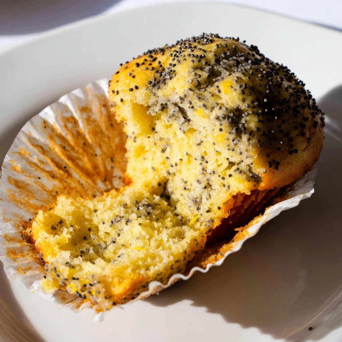 A close-up of a moist Lemon Poppy Seed Muffin with yogurt, glistening lemon zest, and sugar crystals.