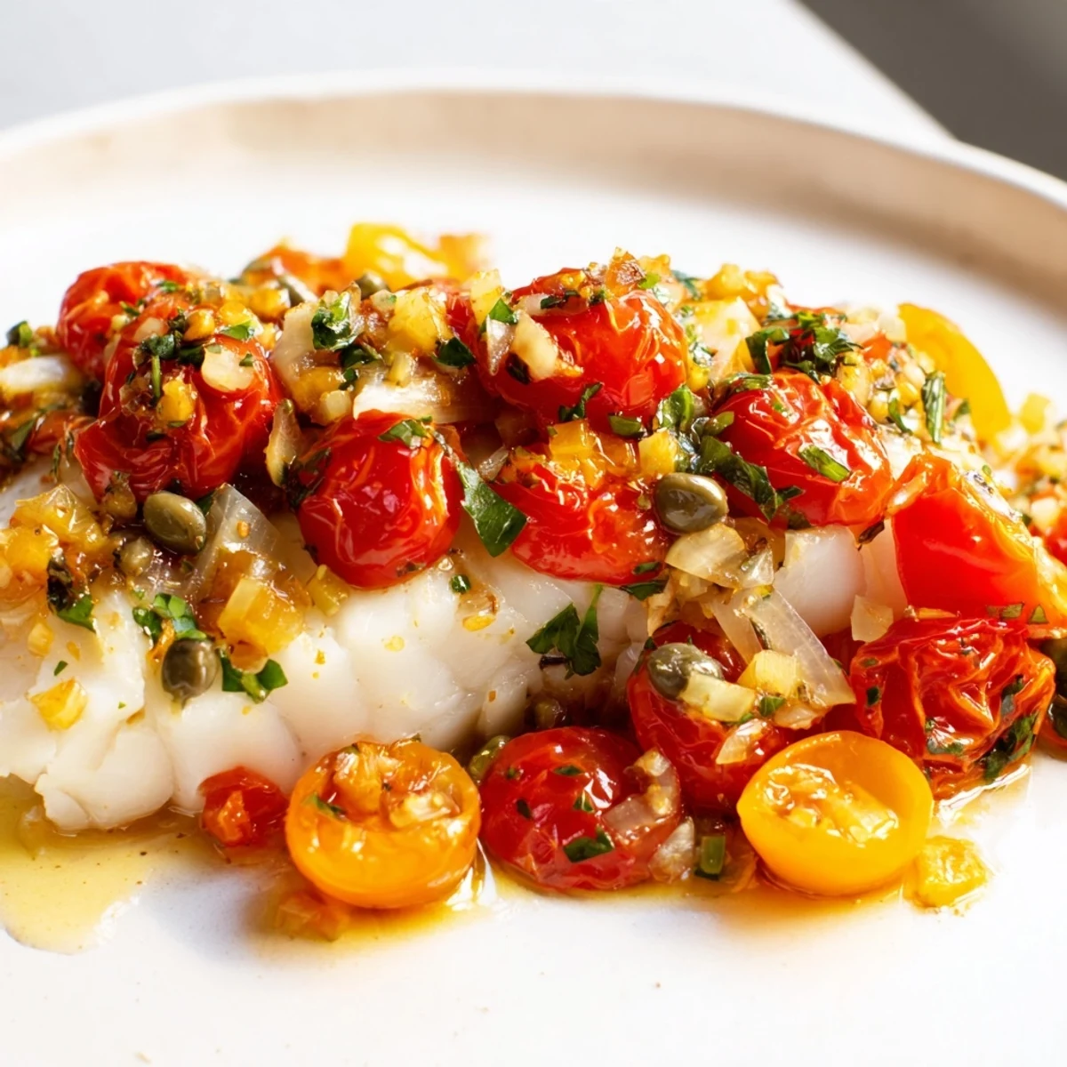 Filets de cabillaud cuits au four avec sauce aux tomates cerises, présentés dans un plat en verre.
