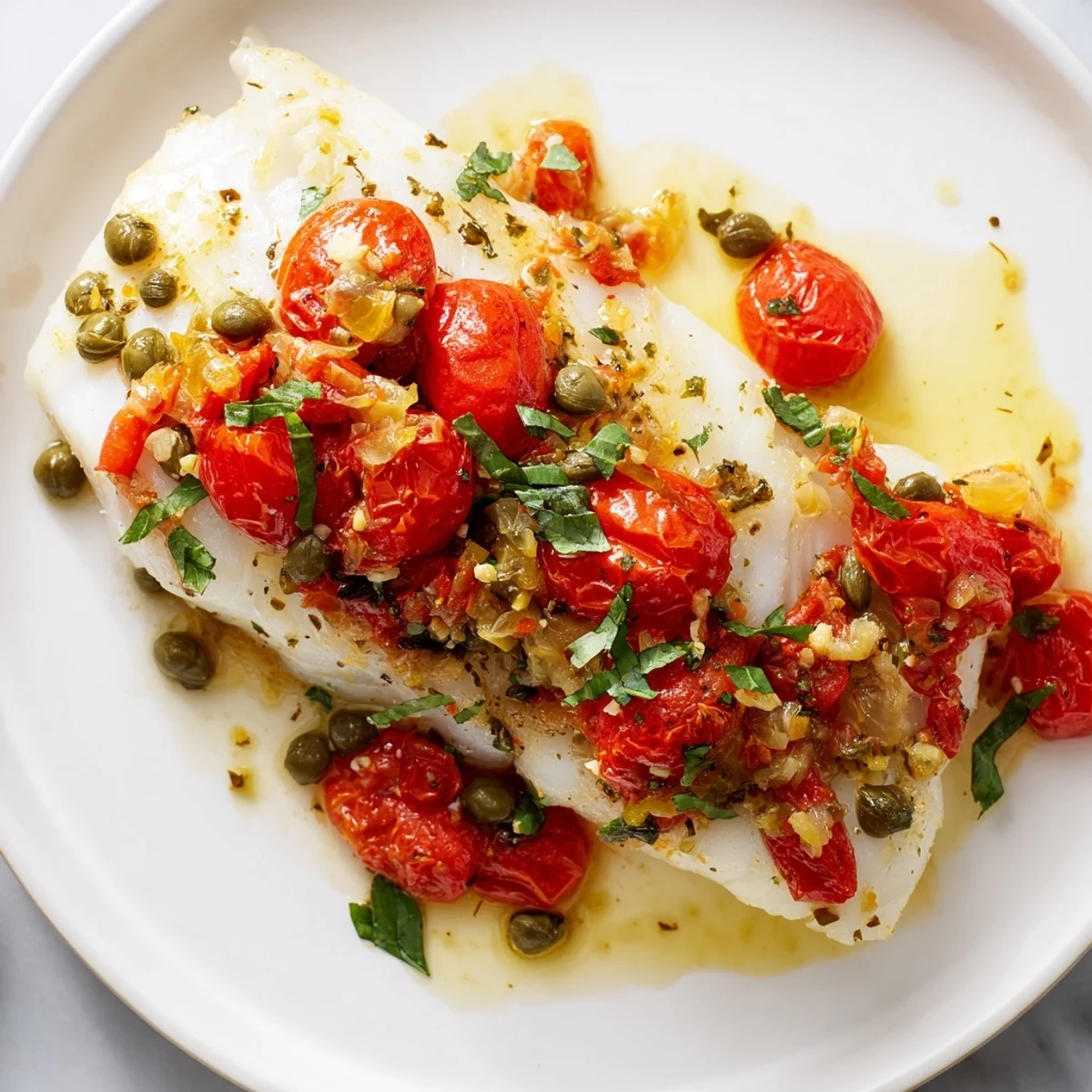 Morue tendre et fondante sur un lit de tomates cerises éclatantes, ail et herbes fraîches.
