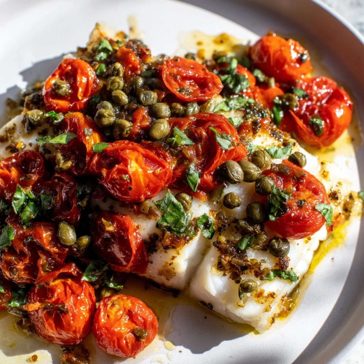 Cabillaud au four parfumé à l'ail et citron, servi avec des tomates cerises et du vin blanc.