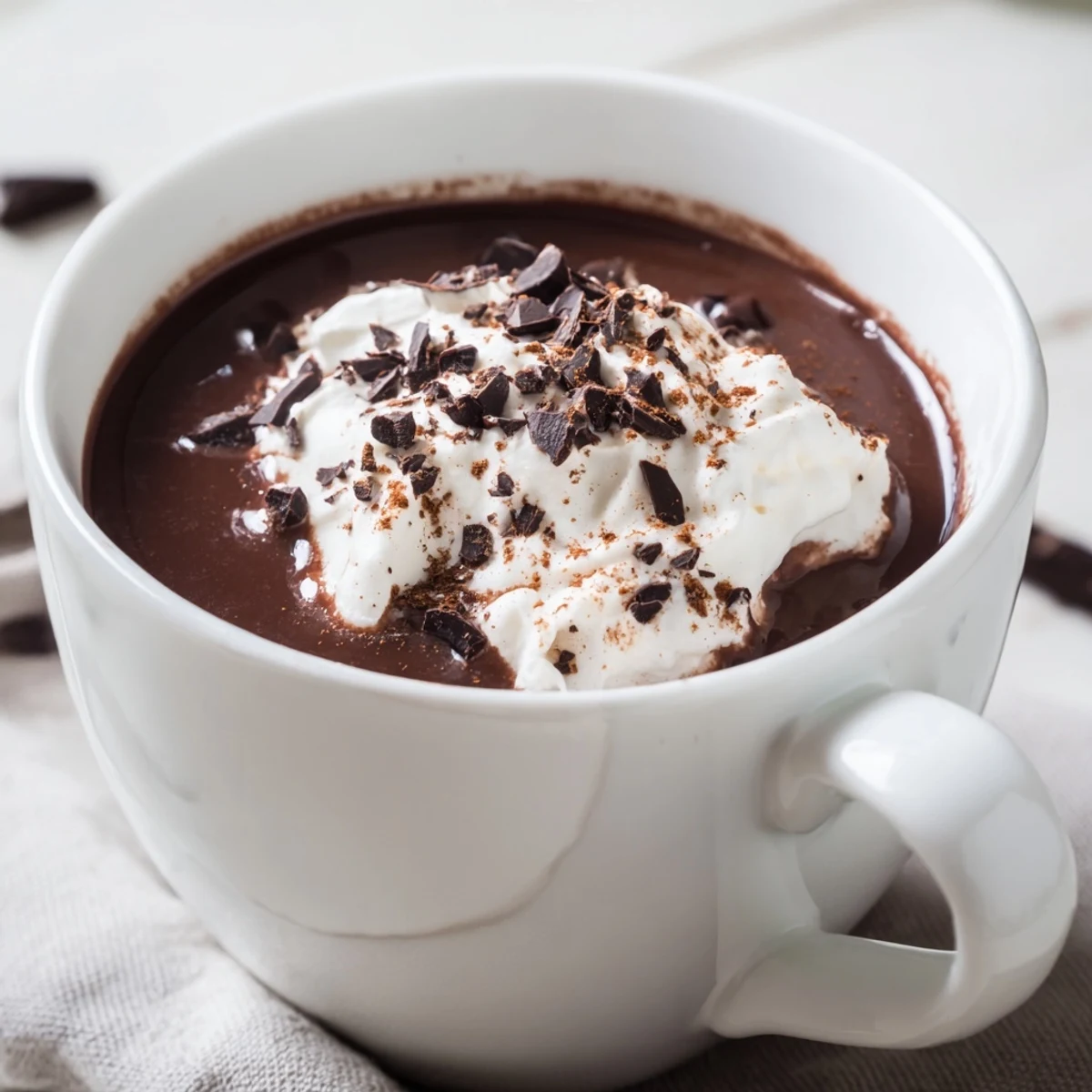 Un verre fumant de Spiced Hot Chocolate avec whipped topping égayé de cannelle et une pincée de cayenne.