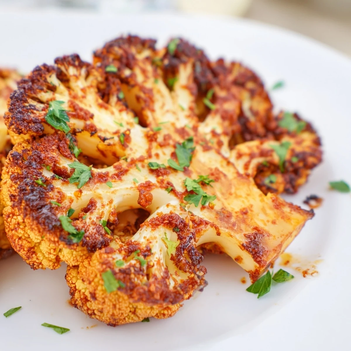 Steaks de chou-fleur rôtis avec harissa dorés et caramélisés sur une plaque de cuisson.