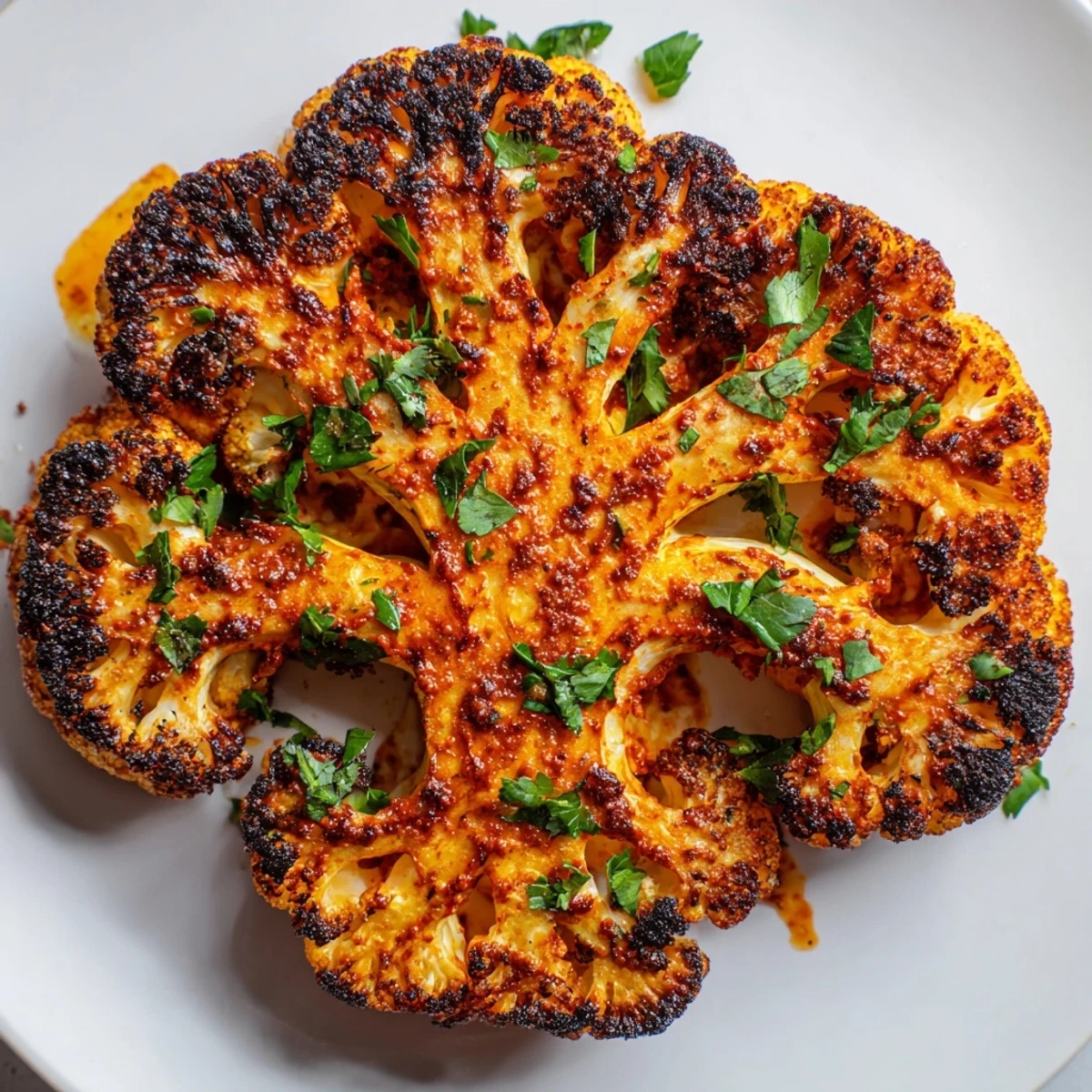 Steaks de chou-fleur avec harissa accompagnés d'une sauce harissa et d'un filet de citron.