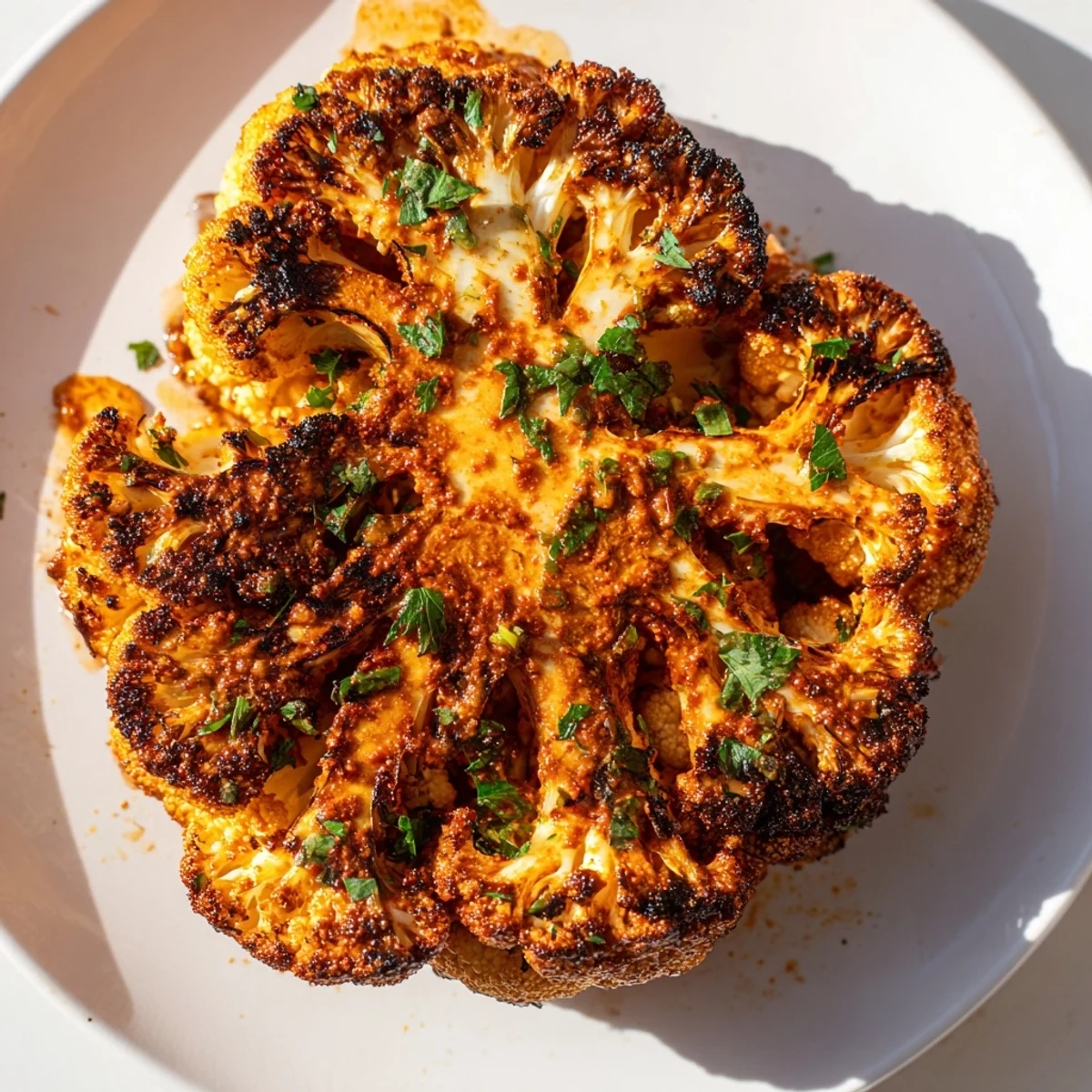Un plat végétarien épicé avec harissa, garni de persil frais sur une assiette blanche.