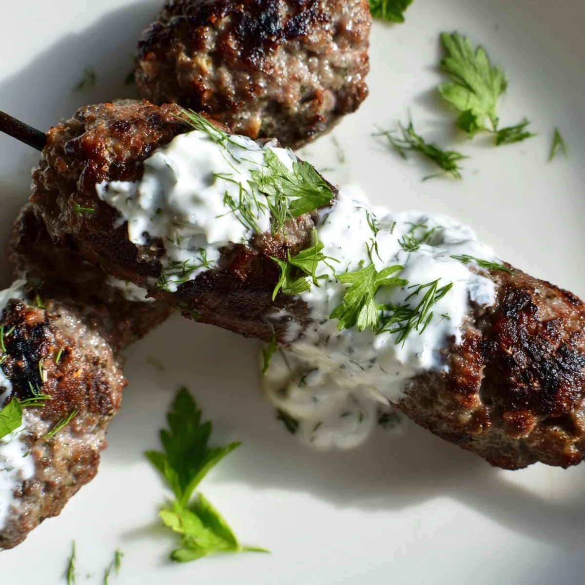 Des kebabs de boeuf grillés et du tzatziki frais sur une planche en bois.