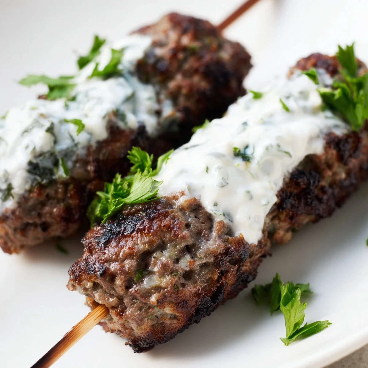Des brochettes de kebabs kofta au boeuf et du tzatziki accompagnant des tomates cerises.