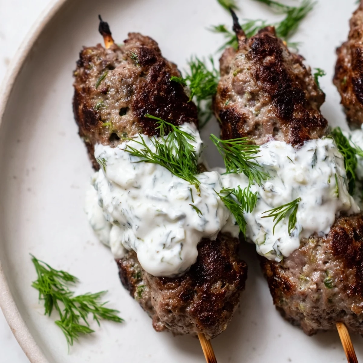 Un plat principal des kebabs kofta au boeuf avec de la sauce tzatziki.