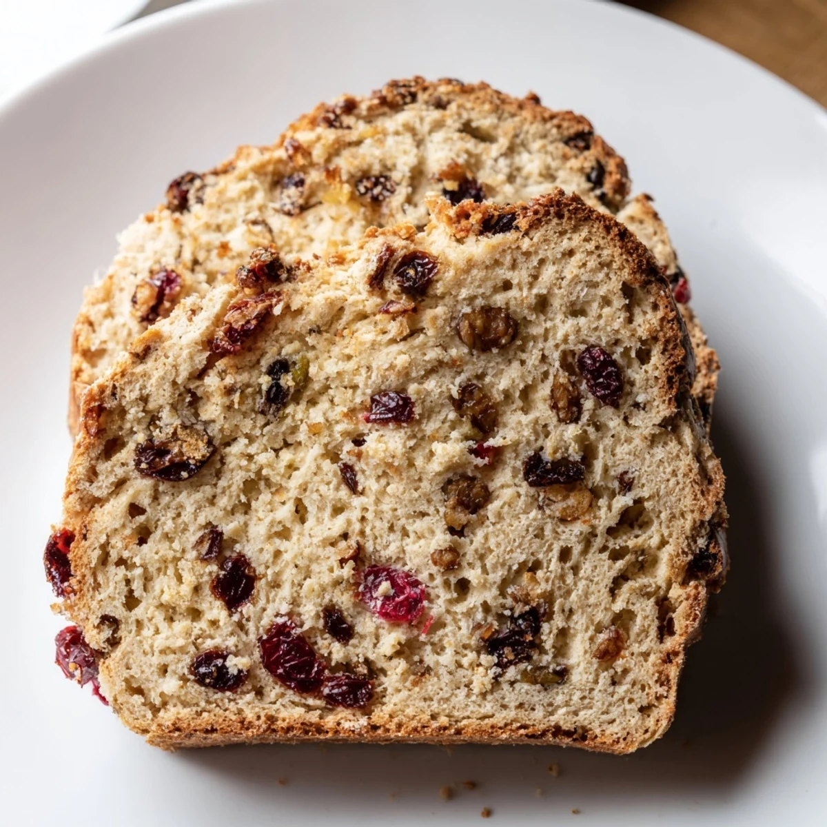 Pain de soda à la cranberry et à la noix entier doré sur une table rustique