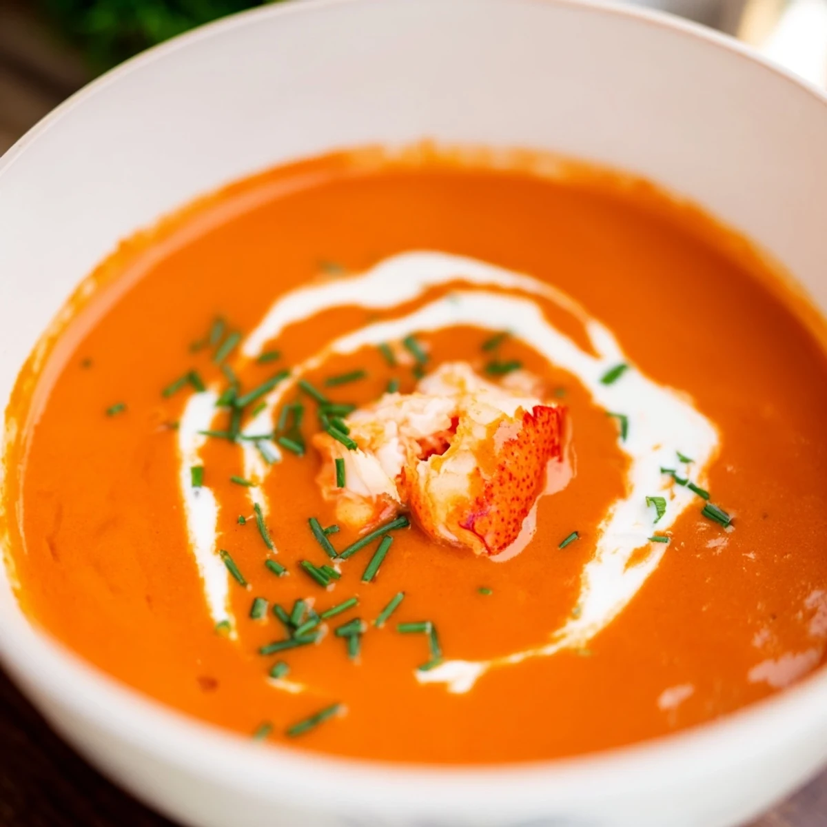 Soupe onctueuse et dorée, le bisque de homard fumé est parsemé de morceaux de homard tendres et d'une touche d'épices.