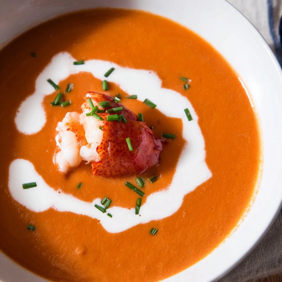 Ce bisque de homard luxueux se déguste chaud, garni de chives et accompagné d'un pain grillé croustillant.