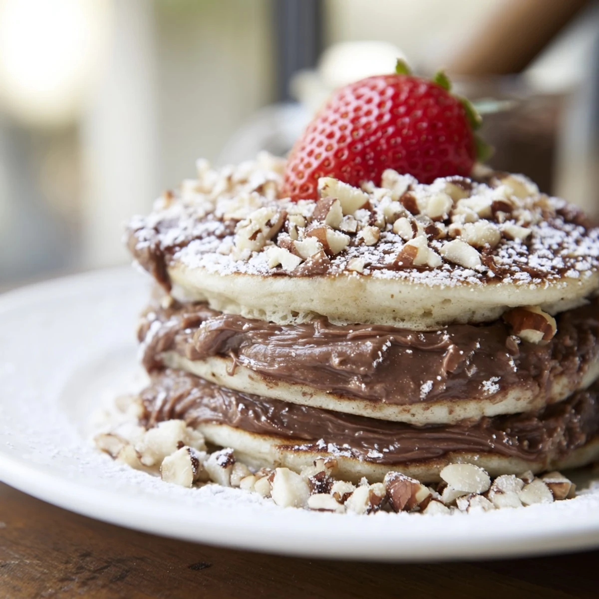 Pancakes au chocolat et noisettes servis avec des baies fraîches et du sucre glace
