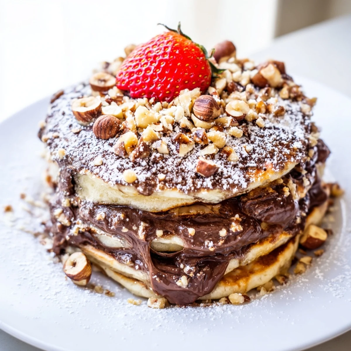 Pancakes moelleux au chocolat et noisettes garnis de noisettes toastées et de sucre glace