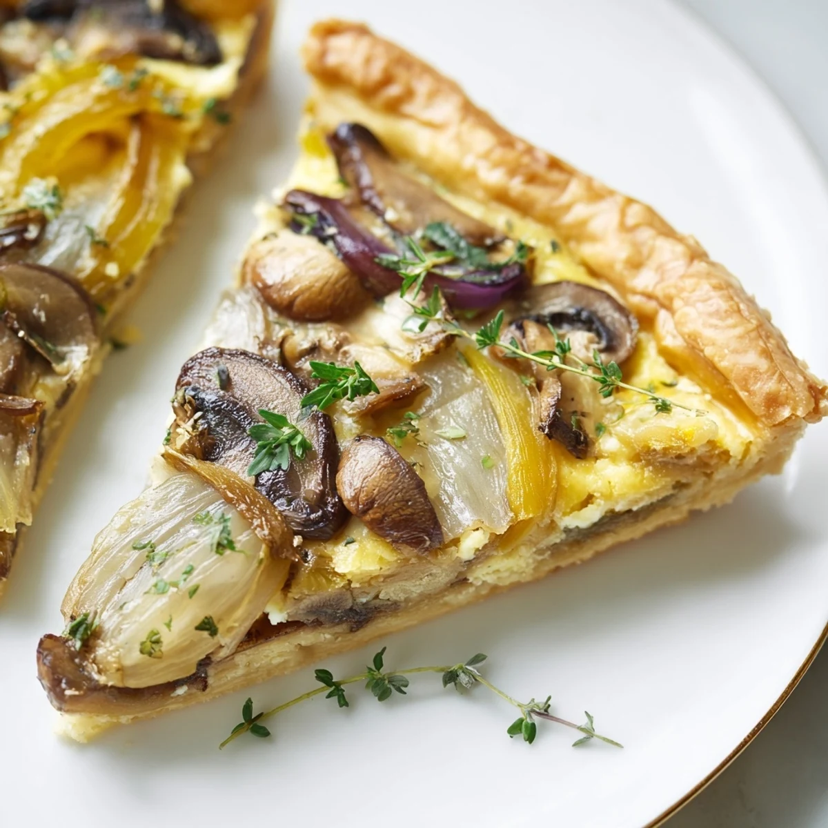 Tarte Savory Mushroom and Onion encore chaude, litchée sur une assiette blanche, accompagnée d'une salade verte croquante et d'un verre de vin blanc, parfait pour un dîner élégant.