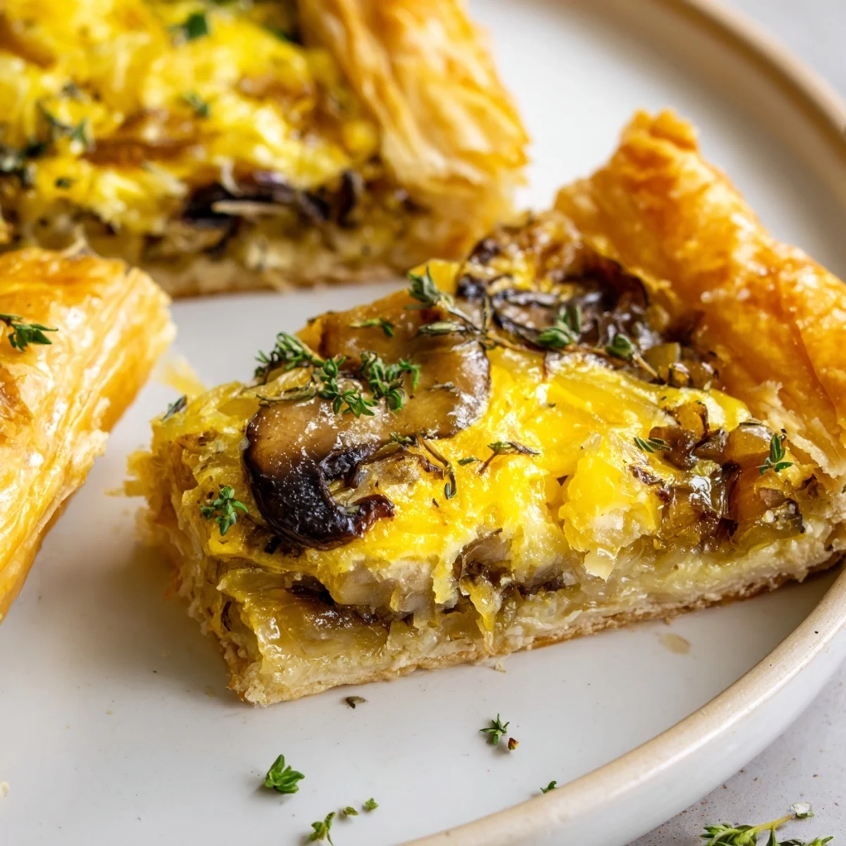 Tarte Savory Mushroom and Onion dorée et croustillante, garnie d’oignons caramélisés et champignons crémini savoureux, avec du fromage Gruyère fondant, présentée en quartière sur une planche en bois.