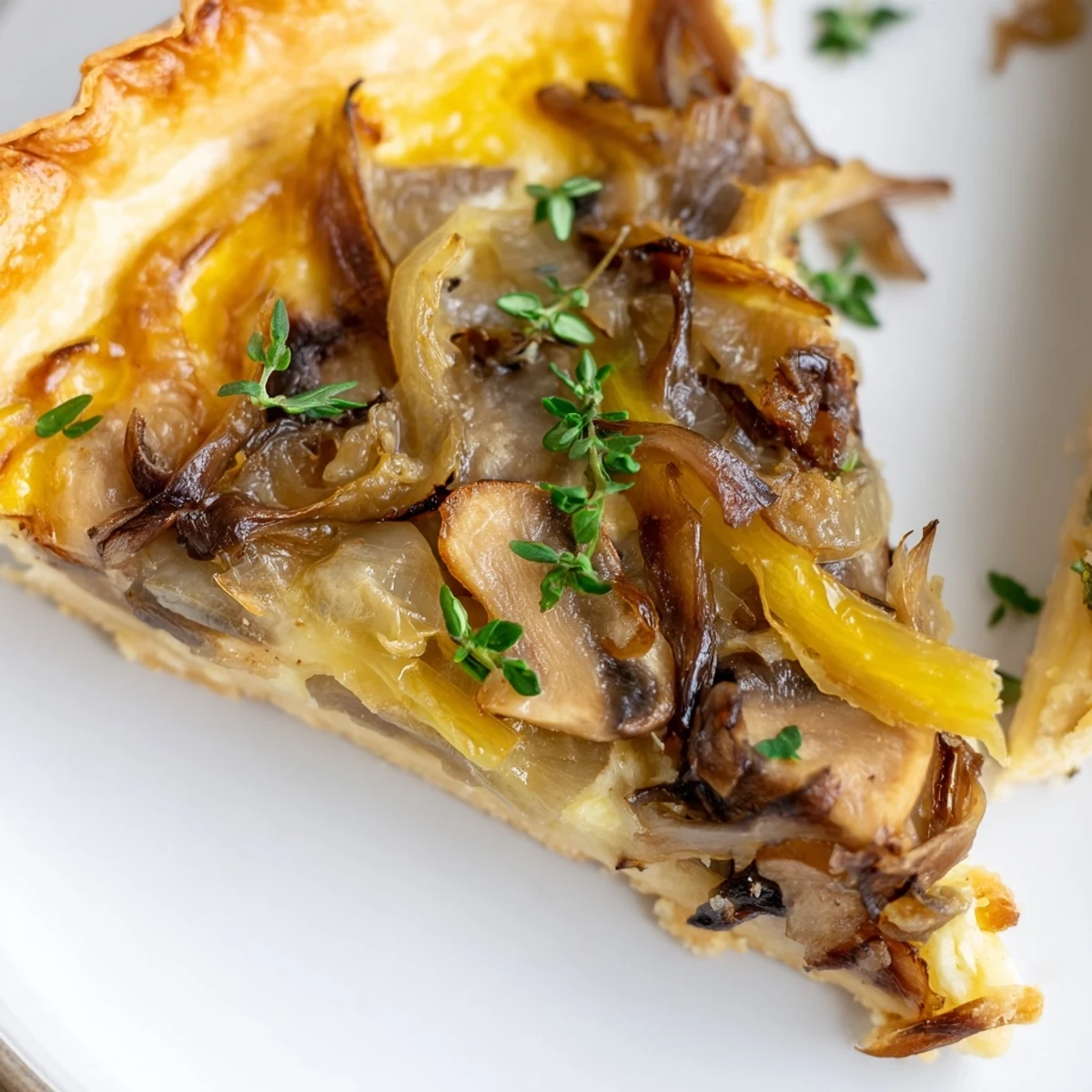 Gros plan sur une tranche de Tarte Savory Mushroom and Onion, révélant une garniture onctueuse aux œufs et crème, des herbes fraîches et une croûte feuilletée dorée.
