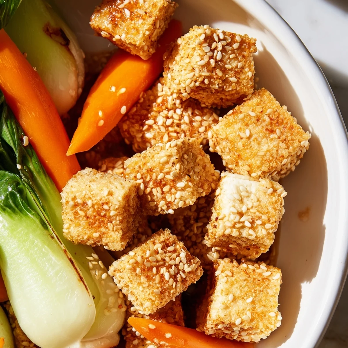 Crispy Tofu Stir Fry with Bok Choy served hot over white rice with sesame seeds garnish.