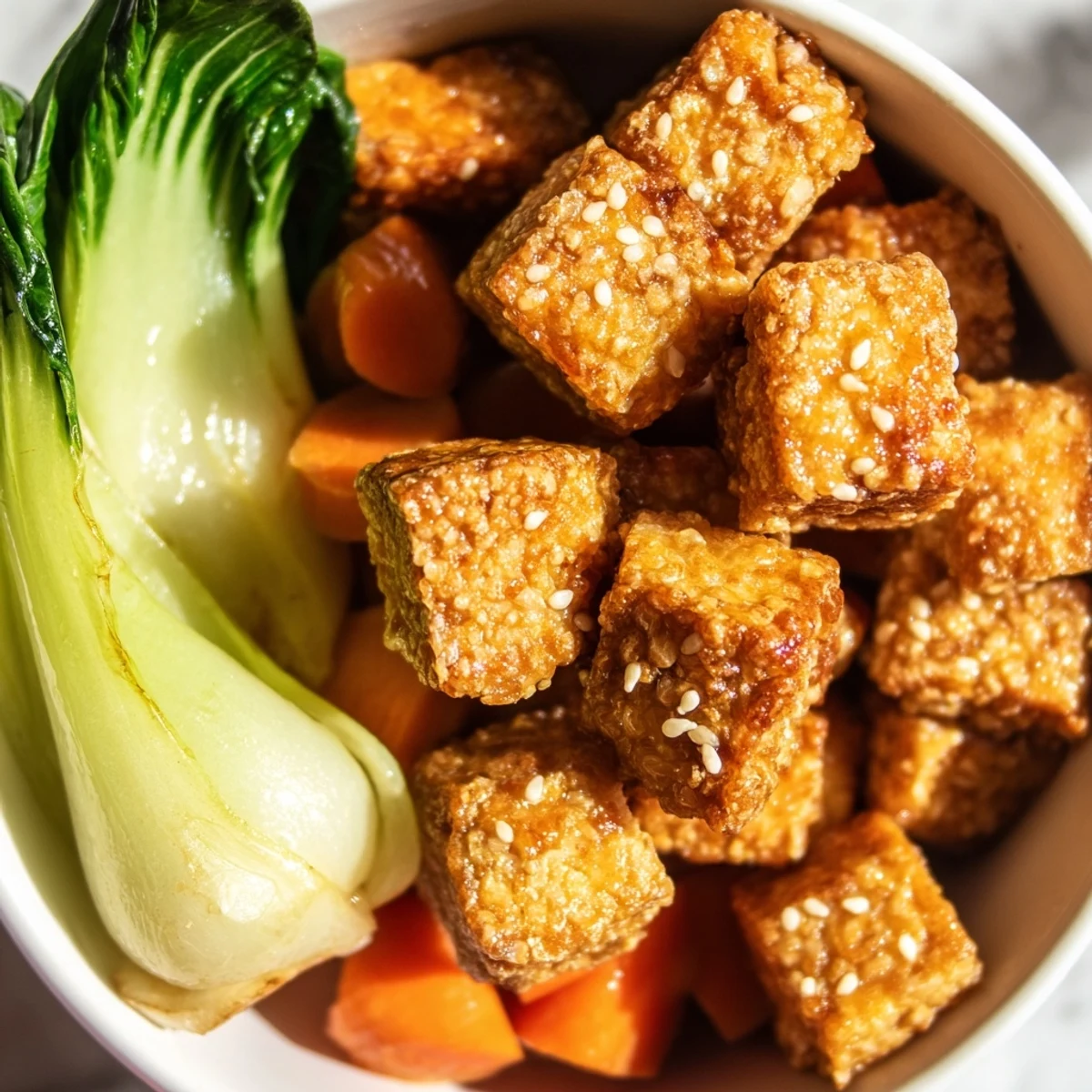A vibrant skillet of Crispy Tofu Stir Fry with Bok Choy next to chopsticks on a table.