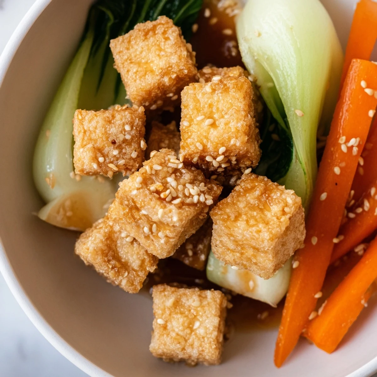 Golden cubes of Crispy Tofu Stir Fry with Bok Choy glisten in a savory garlic ginger sauce.