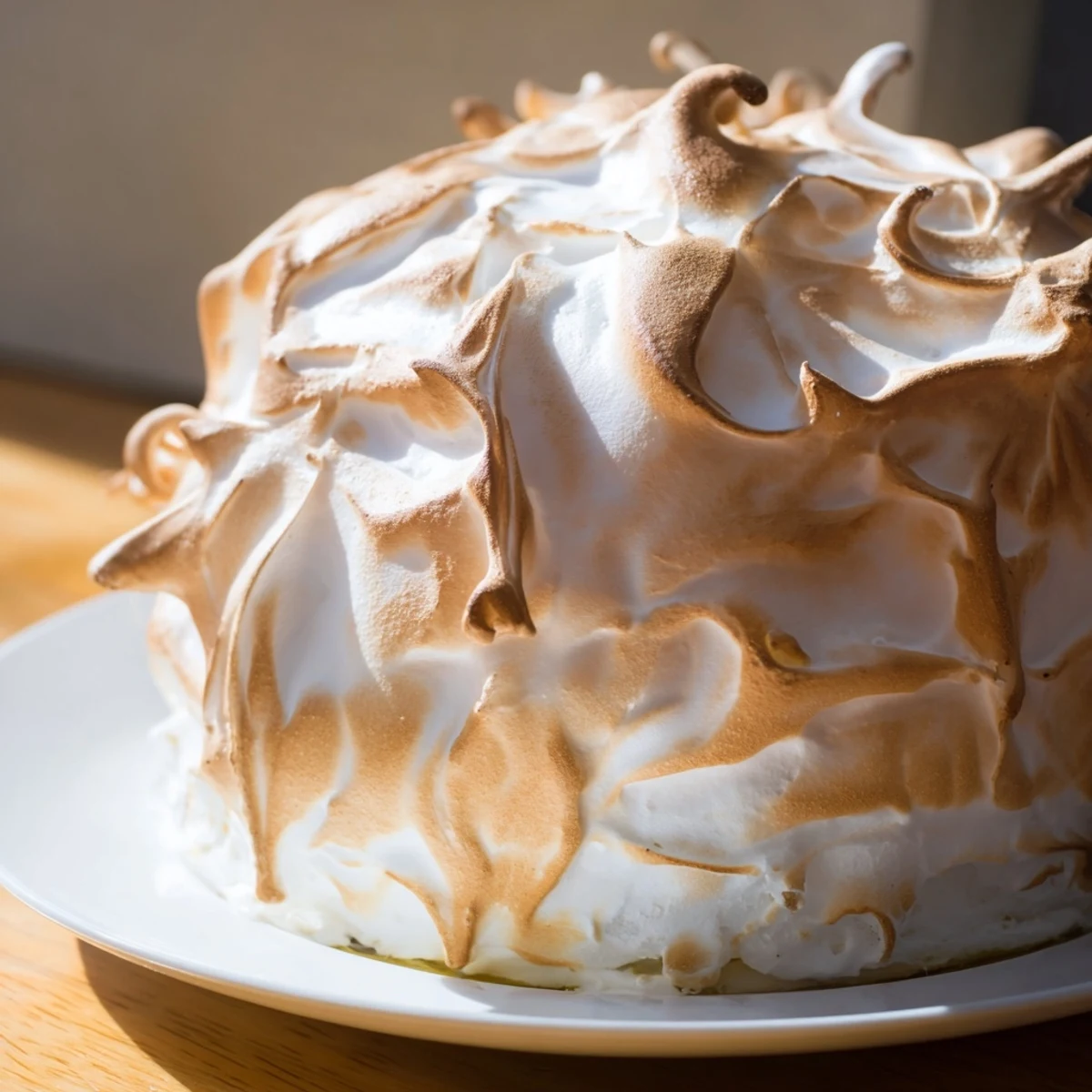 Golden Baked Alaska with Meringue emerging from the oven, featuring a toasted and fluffy topping over creamy ice cream and cake.