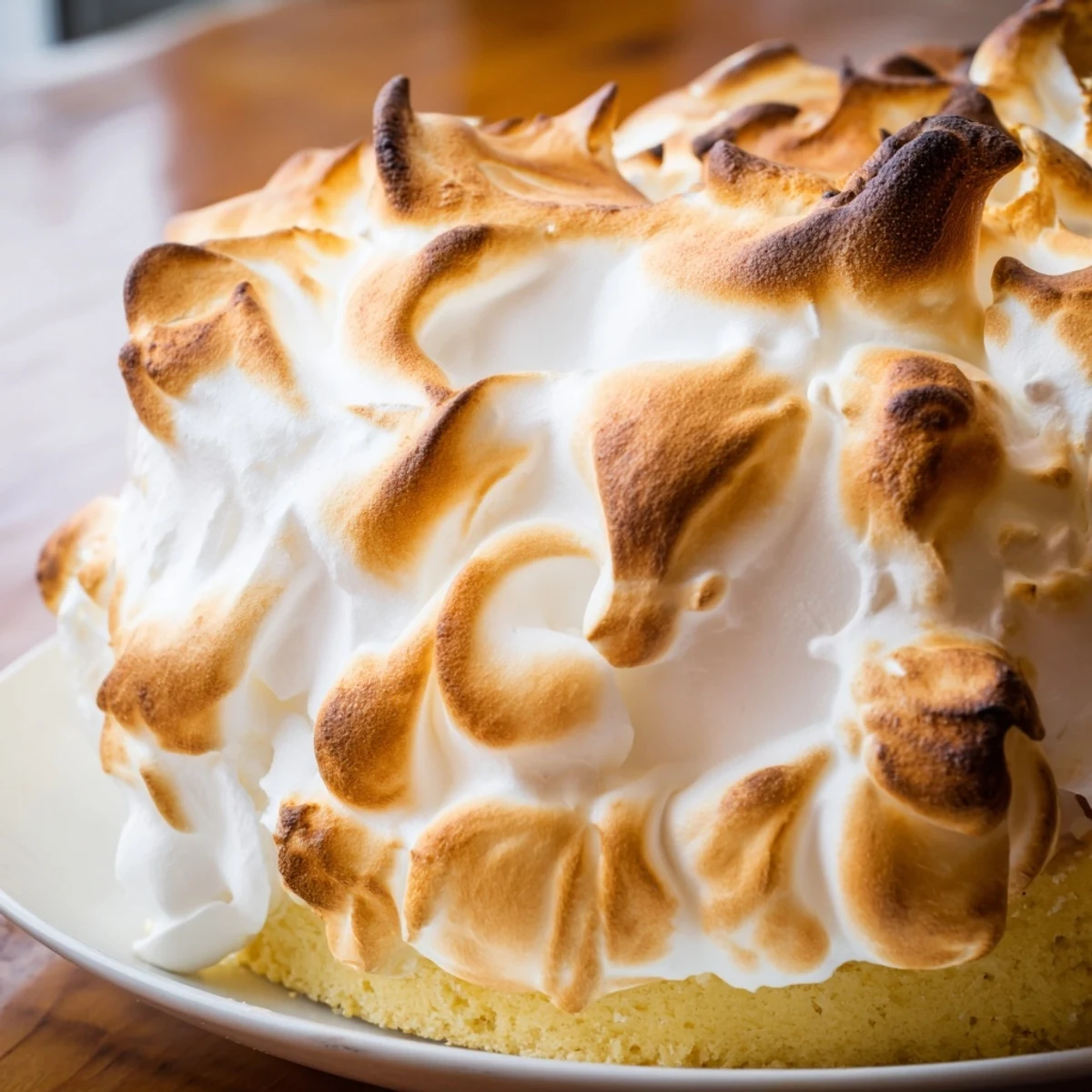 A slice of Baked Alaska with Meringue on a dessert plate, revealing layers of rich vanilla ice cream and soft sponge cake.