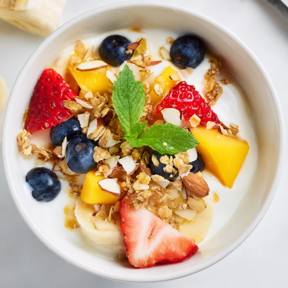 Yogurt parfait de fruits frais et croquants, servi dans un verre pour un petit-déjeuner léger et rafraîchissant.