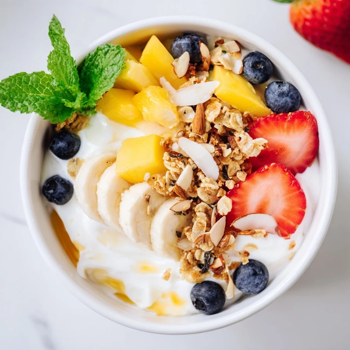Crème onctueuse de yaourt grec, garnie de fruits colorés, une collation saine parfaite pour l'été.