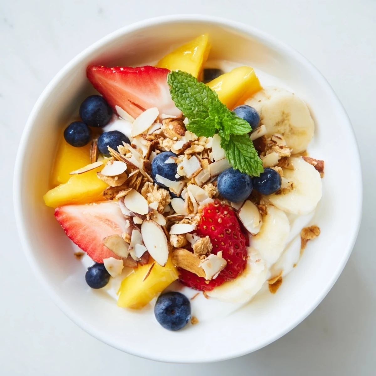 Parfait au yaourt aux fruits juteux, avec granola croquant et menthe fraîche, idéal pour dessert léger.