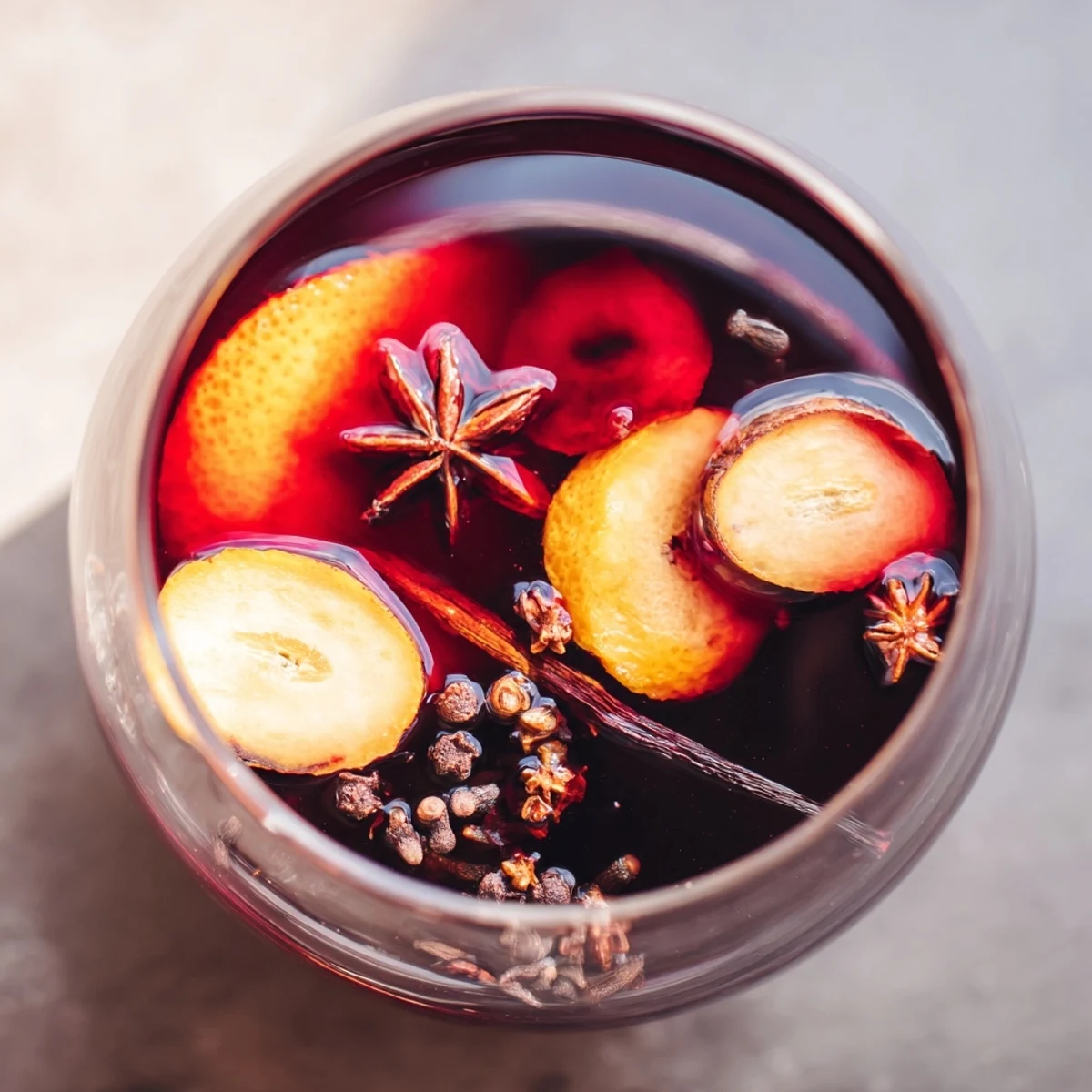 Boisson chaude au vin sans alcool parfumée à la cannelle et à la vanille.